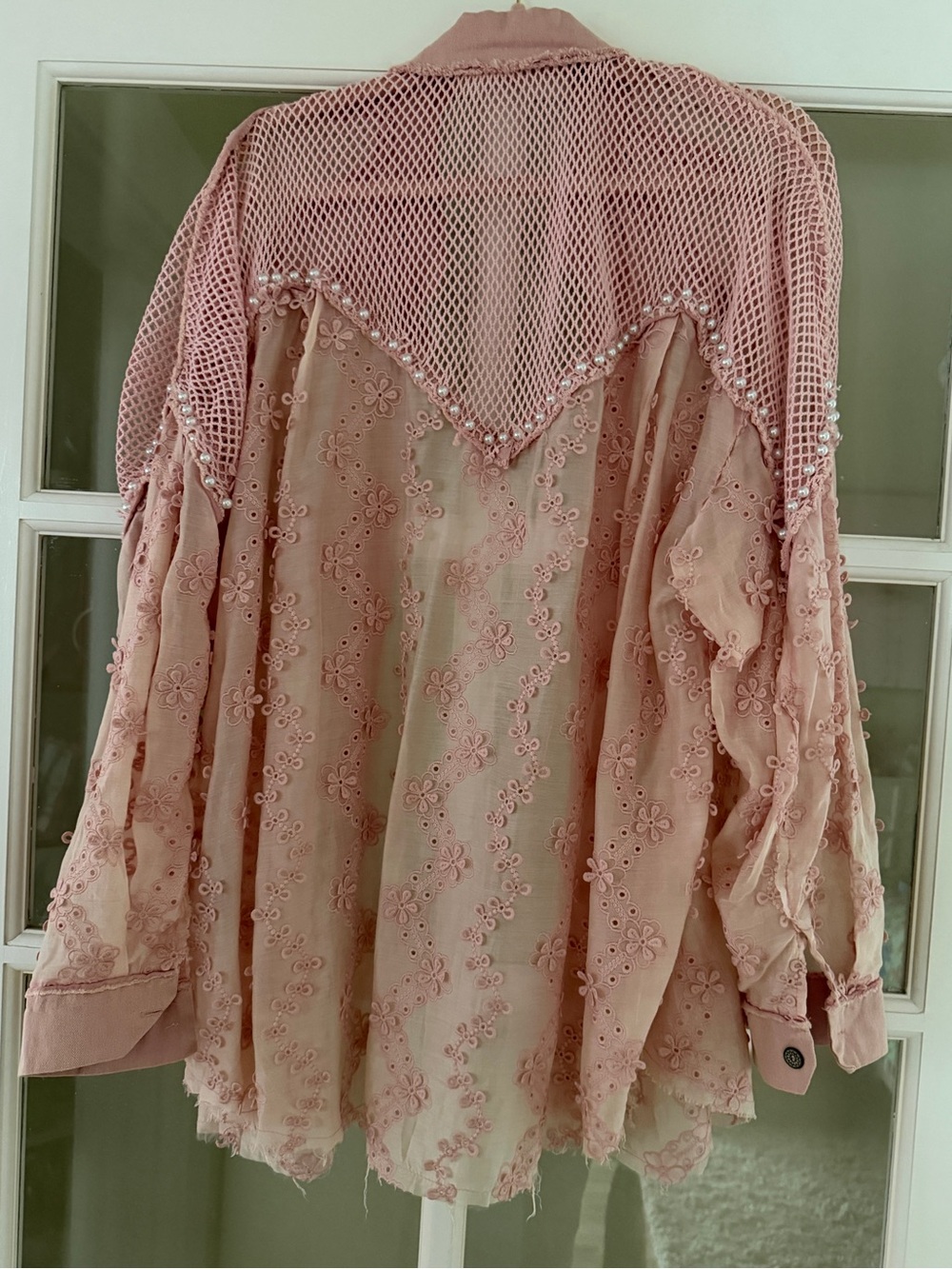 POL Boho Pink Embroidered Mesh Button-Front Women's Top - Picture 5 of 7